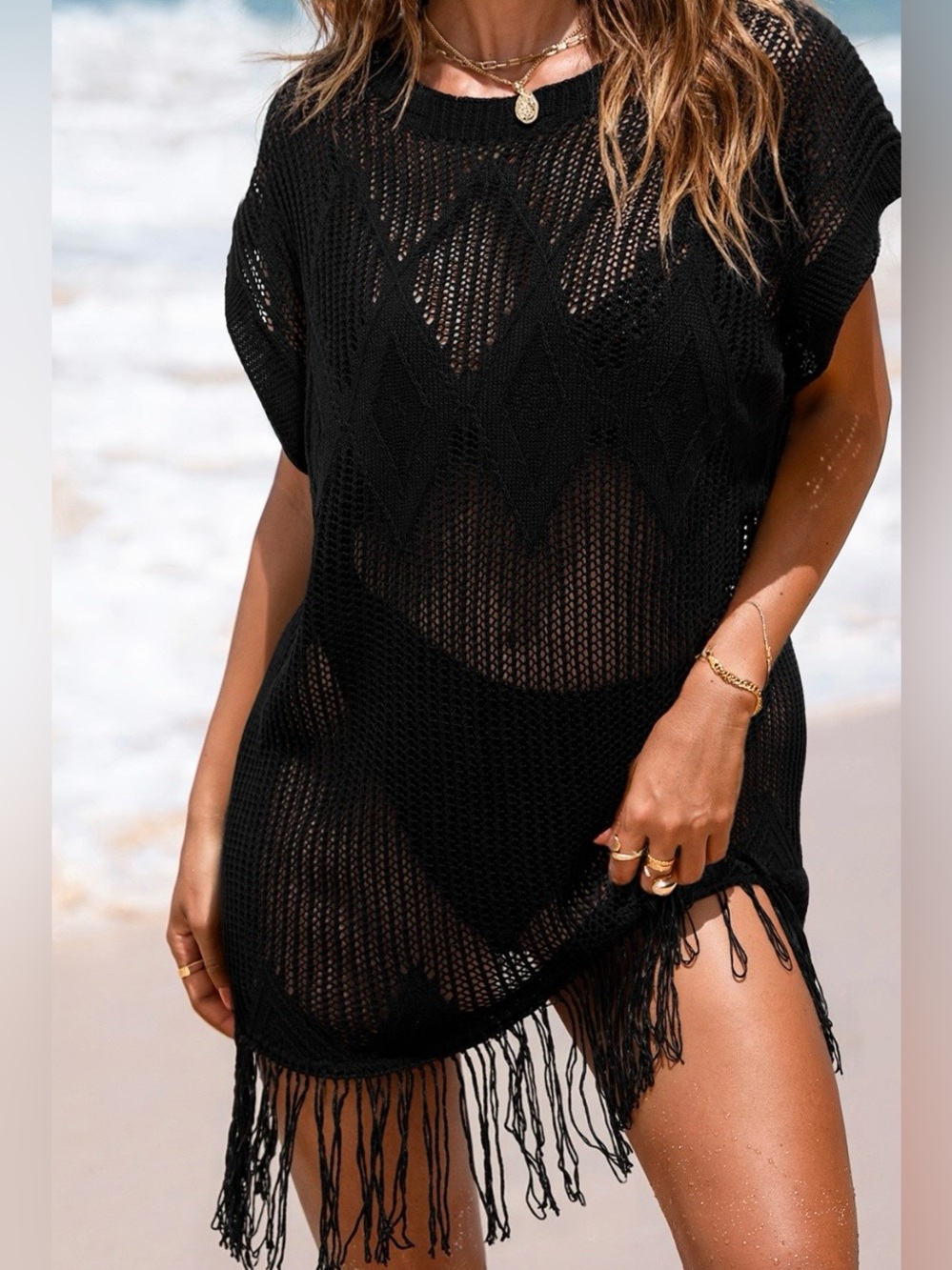 Cupshe Black Crochet Fringe Swim Coverup